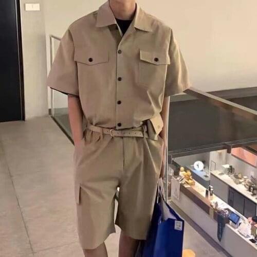 Korean Rompers Pockets Short Sleeve Button Jumpsuits Women Men Male Fashion with Leather Belt Bag Men Cargo Overalls Streetwear