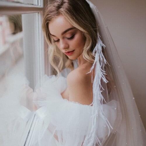 ZMV23 Real Photos 3M Cathedral Long Wedding Veil White Ivory Pearls Bride Tulle With Feather for Marriage Headband with Veil