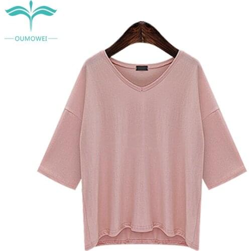 Oumowei Vogue T Shirt Women Summer Tops Modal Casual T Shirt Plus Size Solid Half Sleeve V-Neck Tees 5XL