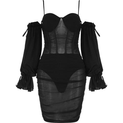 Fashion Off Shoulder Black Lace Dress 2021 New Summer Women Clothing Sexy Flare Sleeve Club Celebrity Party Mini Dresses