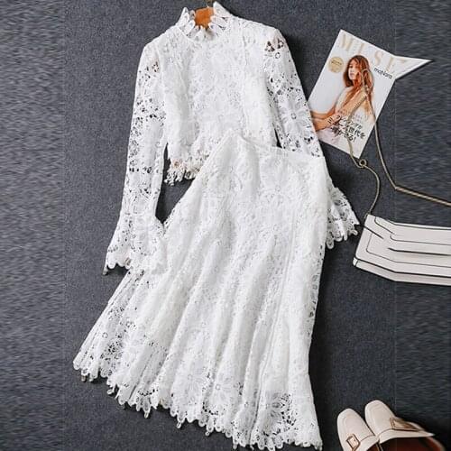 Fashion Designer 2021 Autumn Skirt Set Women Elegant Lace White Top+High Waist Skirt Two Pieces Set