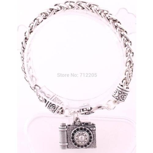 Lobster Claw 30pcs antique silver Wheat Link Bracelet Chain with Camera Crystal Pendant Bracelet
