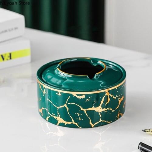 Household Ceramic Ashtray Dark Green Marbled Ashtray Living Room Office Anti-fly Ash Ashtray with Cover Home Desktop Decoration