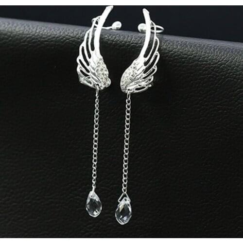 Water Drop Pendant Fashion Crystal Chain Fringe Earrings Long Ear Line Stud Clip Jewelry For Women Fashion Angel Wings Earrings