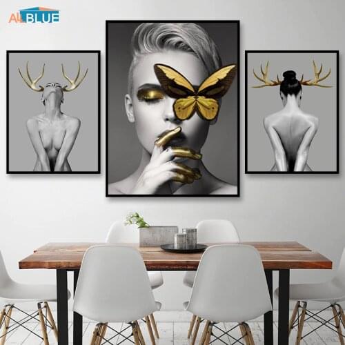 Nordic Poster Black And White Wall Art Canvas Painting For Girls Gold Elk Antler Wall Pictures Women For Living Room Home Decor