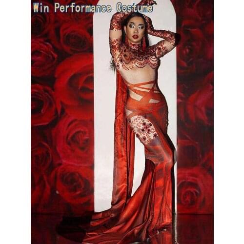 Luxury Red Rhinestone Print Women Slim Mermaid Dress Singer Dance Stage Performance Outfit Evening Party Celebrate Long Dresses