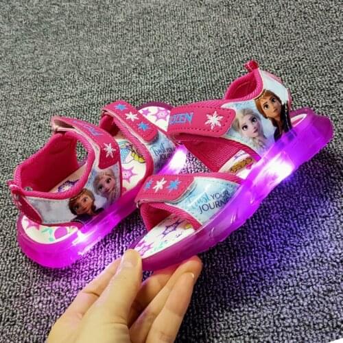 Disney girls frozen2 pink princess soft Sandals with led light cute soft bottom kids show Beach shoes