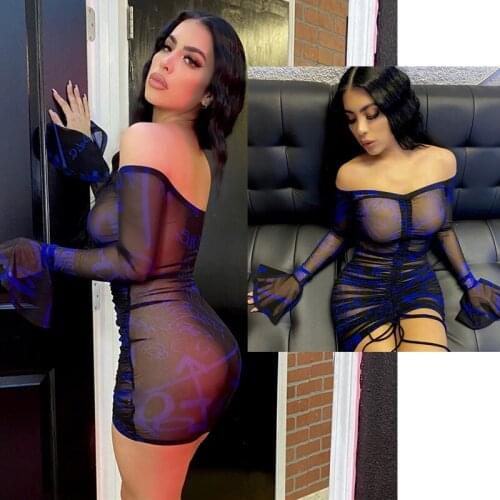 Sexy Letter Mesh Sheer Flared Long Sleeves Dress Women 2021 Off Shoulder See-through Night Club Party Mini Bodycon Dresse