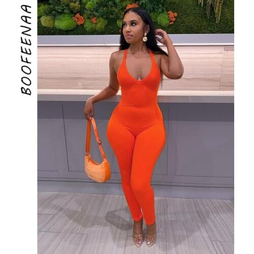 BOOFEENAA Sexy Backless Bodycon Jumpsuits Solid Color Knitted White One Piece Outfit Women Sports Fitness Active Wear C87-BF27