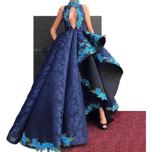 Blue Muslim Evening Dresses A-line Halter Appliques Beaded Dubai Saudi Arabia Long Evening Gown Prom Dress Robe De Soiree