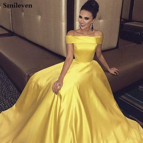 Smileven Evening Dresses 2019 Elegant Off The Shoulder Satin Formal Dress Party Gown Yellow robe de soiree