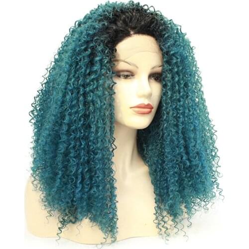 Ombre Dark Mix Blue Afro Curly Synthetic Lace Front Wigs Two Tone Blue Short Kinky Curly Synthetic Wig Heat Resistant Cosplay