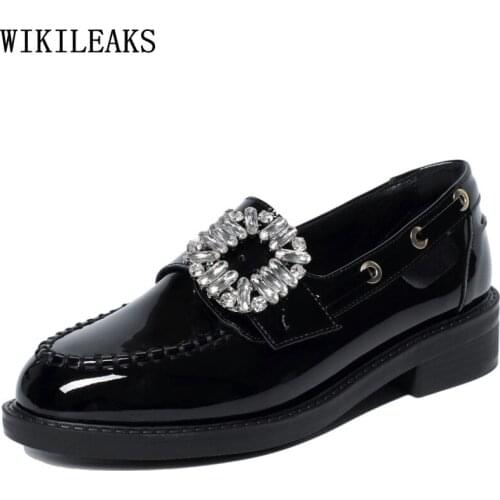Patent Leather Crystal Block Heel Slip on Harajuku Shoes for Women Loafers Women Korean Fashion Oxford Shoes for Women Zapatilla