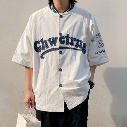 Vintage Letter Embroidery V-neck Button Up Shirt American Baseball Short Sleeve Women Tops Summer Oversized T Shirt Coat Fashion