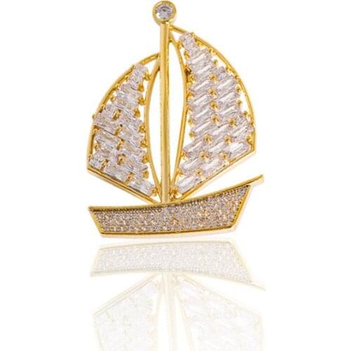 Madrry Cubic Zircon Sailboat Shape Brooches For Women Men Gold Color Lapel Pin Brooch Fine Gift Wedding Bridal Corsage