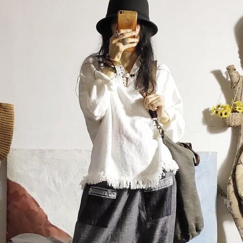 Women Loose Linen Spring Summer Ripped Blouse Tops Ladies Flax Solid Color Shirt Female Shirt Tops