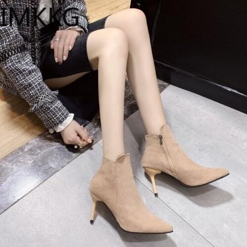 Women Boots 2020 Winter Shoes Woman High Heels Ankle Boots Thin Heels Pointed Toe Ladies Shoes Black botines mujer