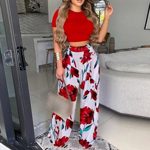 2021 Summer Women Solid Sexy O-Neck Short Crop Top & Floral Print Wide Leg Pants Set Casual Boho Style Holiday Long Pant Suits