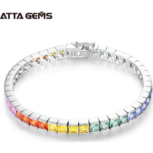 Solid 925 Sterling Silver 4.0mm Created Sapphire Emerald Ruby Strand Charm Bracelet for Women Wedding Party Fine Jewelry Gift