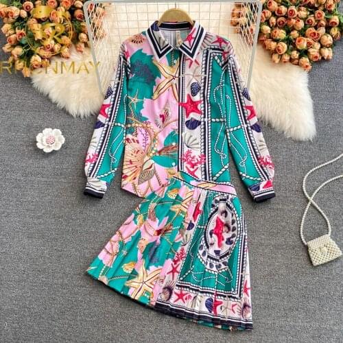 Mini Skirts 2 Piece Sets Women Full Sleeve Single Breasted Shirt Tops Outfits Autumn Print Elegant Streetwear Pleated Skirt Suit