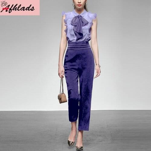 Summer New Style Womens Clothing Purple Fashion Sleeveless Ruffles Patchwork Bow Shirt + Flared Long Pants Two-Piece Sets