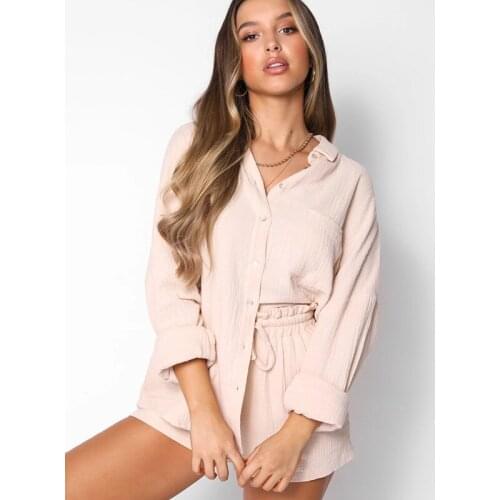 Two Piece Womens Summer Fashion Casual Suit Single Breasted Cardigan Loose Long Sleeves Top High Waist Shorts Set 2021 New