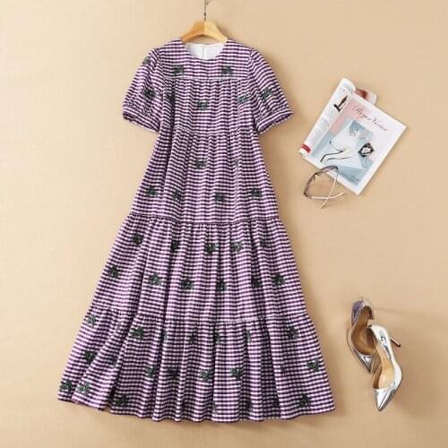 2021 Spring Summer Dress Short Sleeve Crew Neck Purple Flora Print Panelled Embroidery Womens Clothes SH