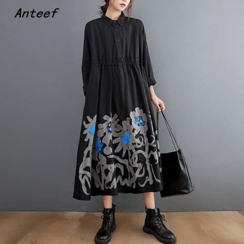 Anteef long sleeve cotton black vintage floral dresses for women casual loose spring autumn dress elegant clothing 2021