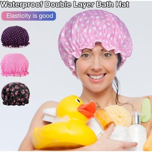 1Pcs Bath Hat Waterproof Shower Hair Cover Thick Shower Caps Dot Flower Print Bathroom Women Supplies Elastic Band Cap Hair Care