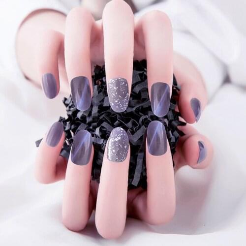 24Pcs/Set Fake Nails Blue And Gray Cat Eyes Medium And Long Finished Nail Stickers DIY Slider Fully Covered Nail Decoration