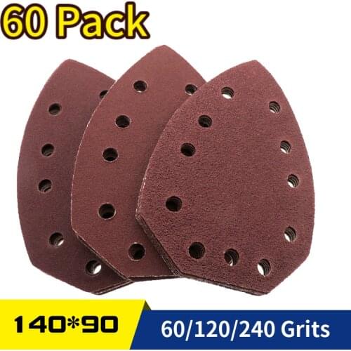 60 PCS Sanding Sheets 60 120 240 Grit Sandpaper Hook and Loop Triangle Mouse Detail Palm Sander Paper 140*90mm 11 Holes