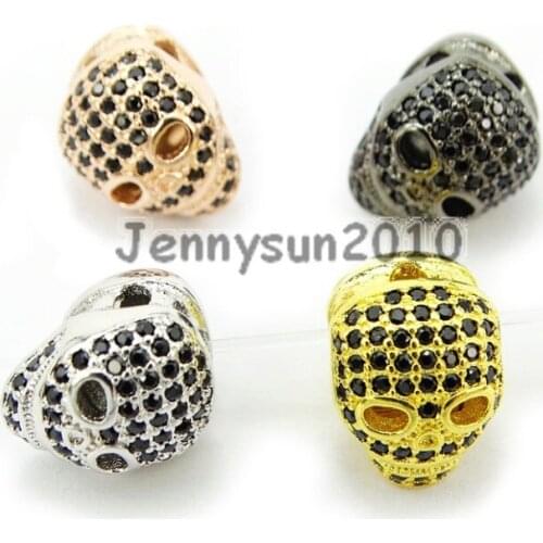 Black Zircon Gems Stones Pave Four Holes Ghost Skull Bracelet Connector Charm Beads Silver Gold Rose Gold Gunmetal 10Pcs/Pack