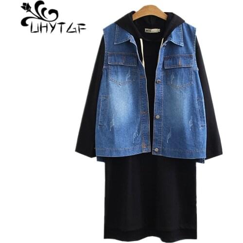 UHYTGF Autumn denim vest waiscoat dress two-piece suit New Fashion black hooded Loose 6XL plus size dress Elegant woman set 1510