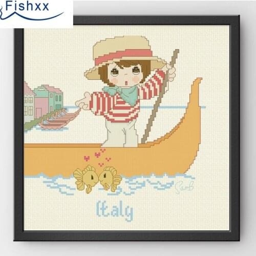 European Style Idyllic Cartoon Characters Fishxx Cross Stitch Kit H205 Paddle Girl on The Lake Hand Sewing