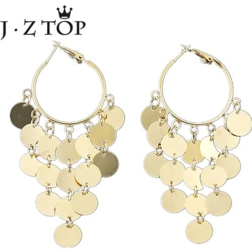 Jztop Vintage Round Metal Sequin Hoop Earrings Woman Bohemian Geometric Pendant Tassel Long Earrings Female Gold Color Jewelry