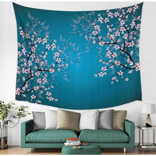 Beautiful Cherry Blossom Blue Wall Tapestry Cover Beach Towel Picnic Yoga Mat Home Decoration