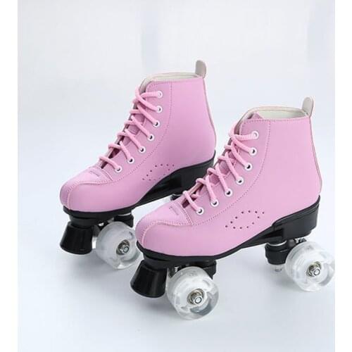 Adult Pink Artificial Leather Roller Skates Shoes Double Row Patines With 4 -Wheel Outdoor Sports Sneakers Europe Size 36-45
