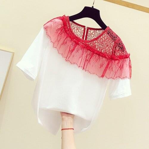Lace hollow out women t-shirts 2020 summer new o-neck ruffles patchwork lady elegant pulls tops tees