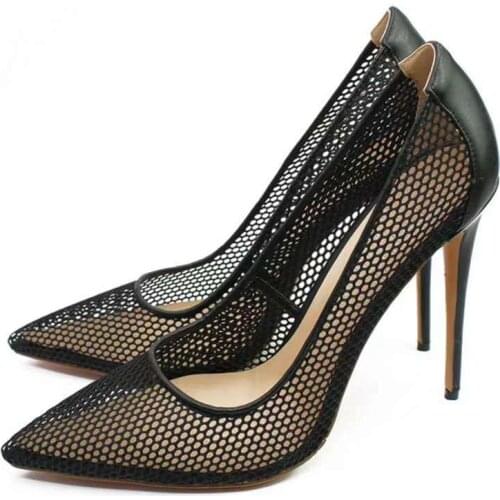 Summer Womens Shoes Mesh Pointed Toe Black Hollow Outs Brand Women Single Shoes Thin Heels Pumps High Heels Sandalias Femininas