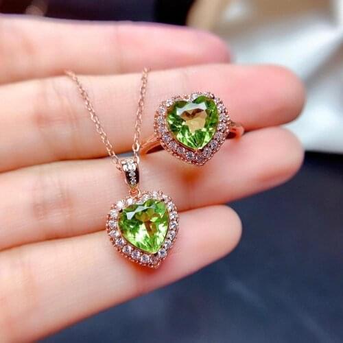 Best Gift Real and Natural Peridot Jewelry set 925 sterling silver Natural and Real Peridot 1pc Ring,1pc Pendant