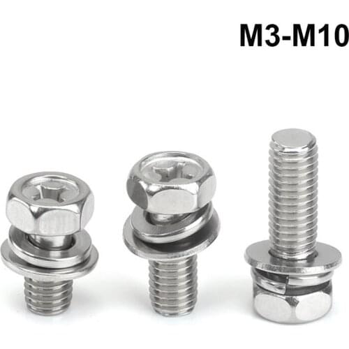 M3 M4 M5 M6 M8 M10 Phillips/Cross Recessed Hex Head Screw Three Combination with Washer set kit 304 Stainless Steel