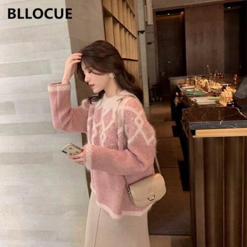 BLLOCUE Fashion Designer Pullover Sweater 2019 Autumn Winter Women Elegant Diamond Pattern Loose Knit Jumper Tops