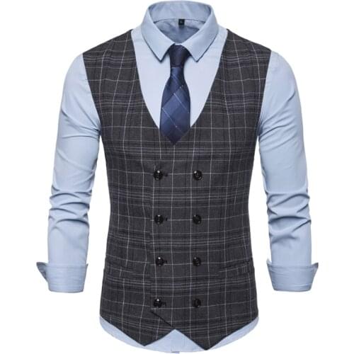 Men Double-Breasted V-neck Vest Simple Striped Grid Slim Fit For Casual Style Waistcoat Business Casual Vest Men Clothing