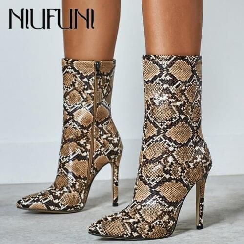 NIUFUNI 2020 Ladies Sexy Snake-Print High Heels Ankle Boots Autumn Winter Shoes Woman Pointed Toe 8cm Stilettos Botas Mujer