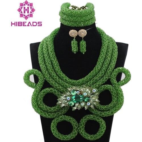 Full Crystal Rope Chain Fabulous Green Nigerian Wedding Beads Jewelry Sets Party Anniversary Necklace Set Free Shipping ABH235