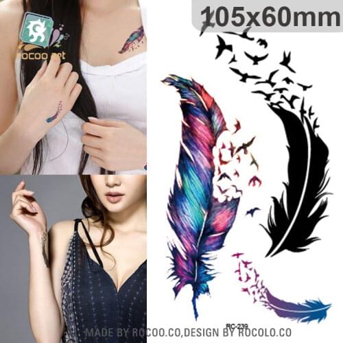 Rocooart Colorful Feathers Waterproof Temporary Tattoo Sticker Beautiful Wings Tattoo Stickers Fake Tattoo Tatuagem For Body Art