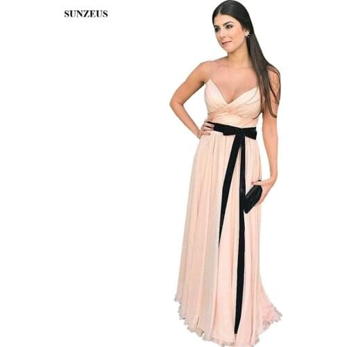 Pink Champagne Chiffon Bridesmaid Dresses With Black Sash A-line Spaghetti Straps Summer Wedding Party Gowns For Girl BDS059