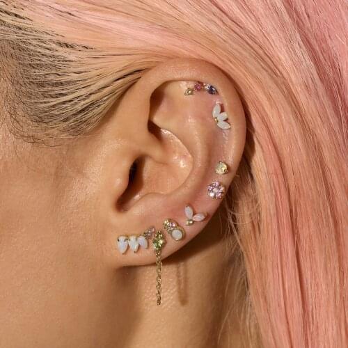 Round white fire opal pink cz Gem Minimal delicate dainty girl stud multi piercing small stud earring