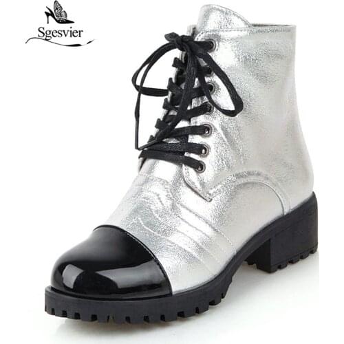 Sgesvier White Gold Silver Lace Up Gothic Combat Boots for Women Block Heel Shoes Glitter Bling Ladies Ankle Motorcycle Boots