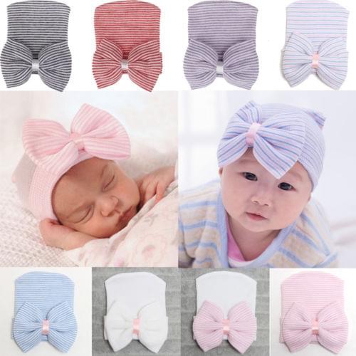 Citgeett Newborn Baby Girl Toddler Striped Hospital Cap Infant Comfy Bowknot Beanie Fashion Hat